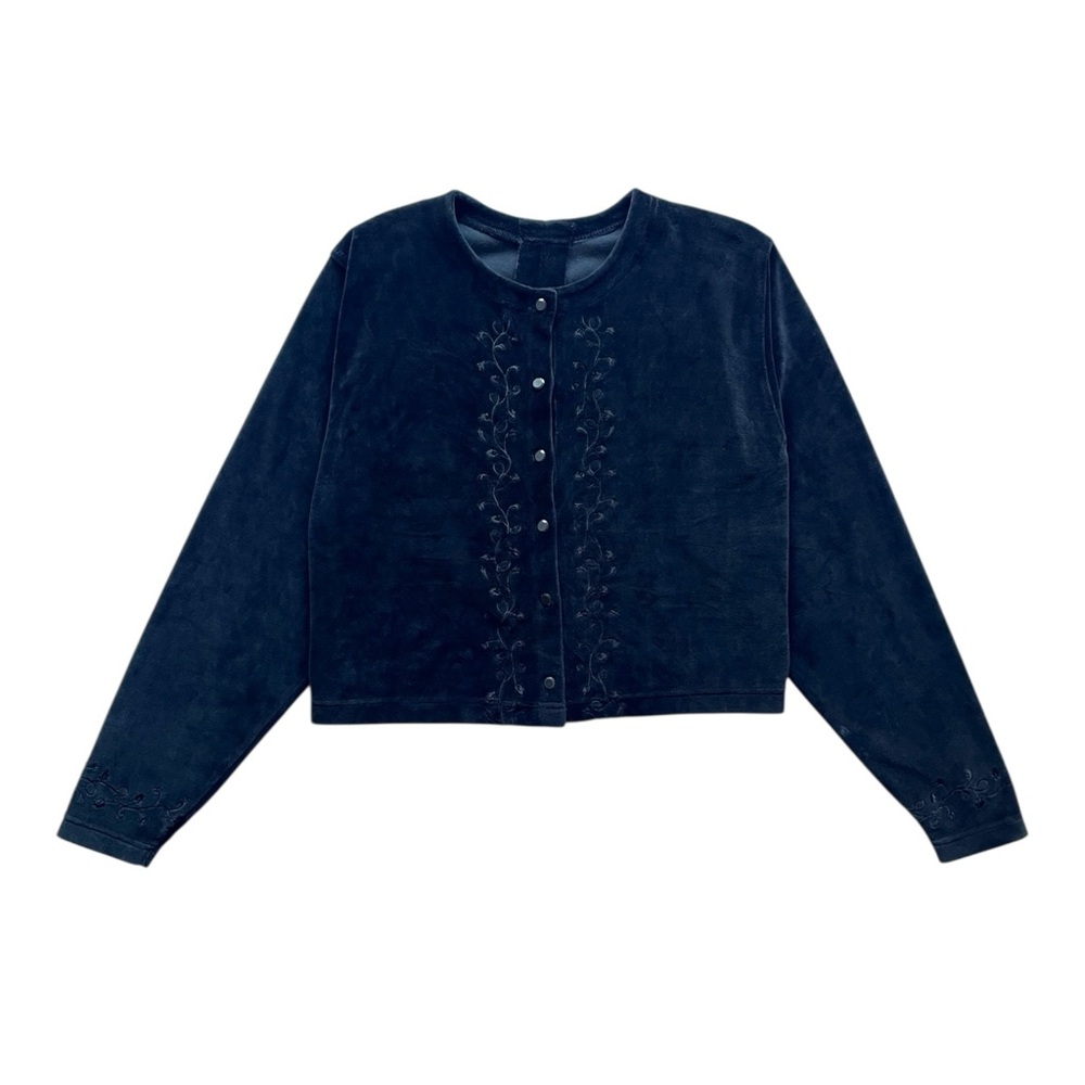 Vintage Black Velour Whimsigoth Long Sleeve Button Down Floral Embroidery Top S
